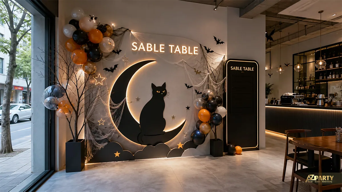 Backdrop mèo đen ngồi trên trăng khuyết tại Sable Table với bóng cam đen