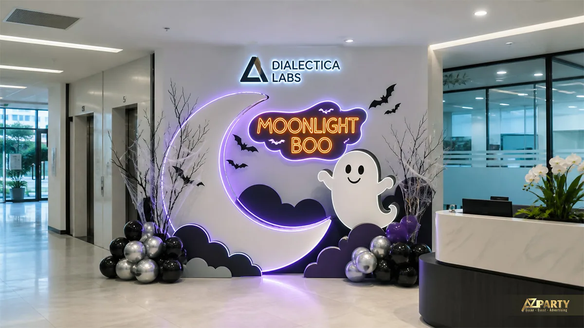 Backdrop Moonlight Boo tại sảnh công ty với trăng tím, ma trắng và bóng bạc đen
