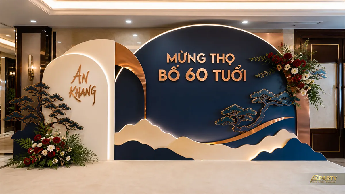 Mẫu mừng thọ bố 60 tuổi màu xanh navy với núi và cây tùng