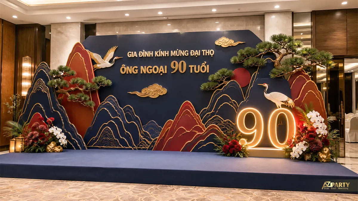 Góc đại thọ ông ngoại 90 tuổi chủ đề sơn thủy màu xanh đỏ