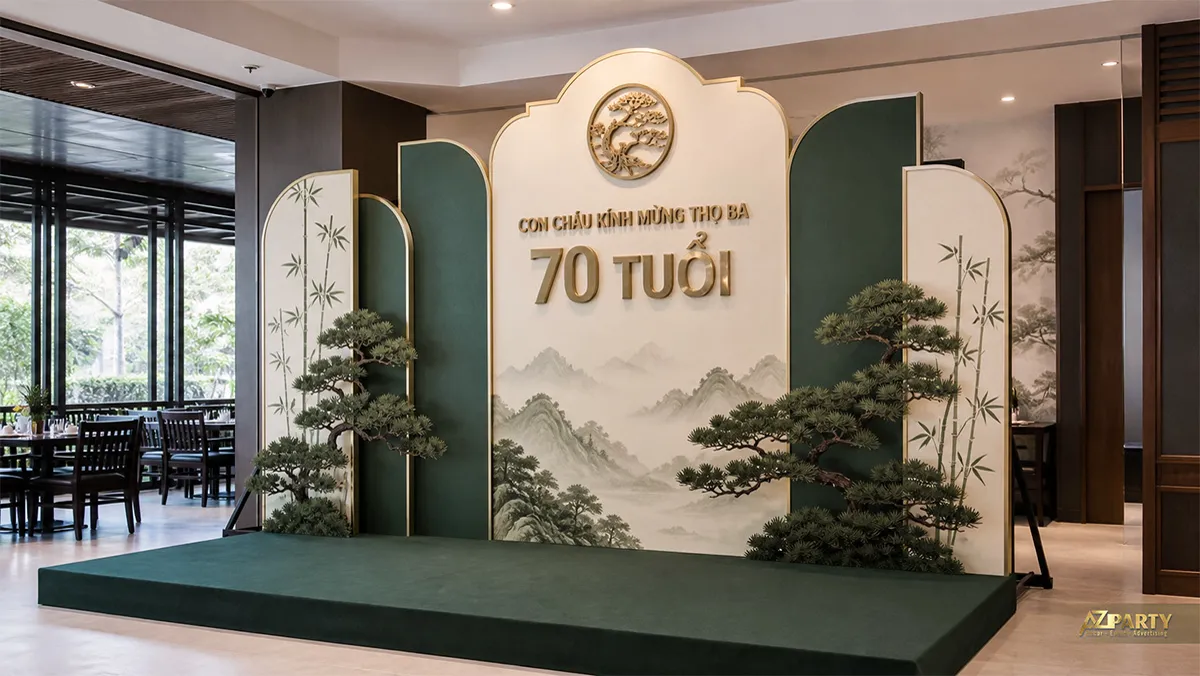 Không gian mừng tuổi 70 màu xanh lá kem với tranh núi và cây tùng