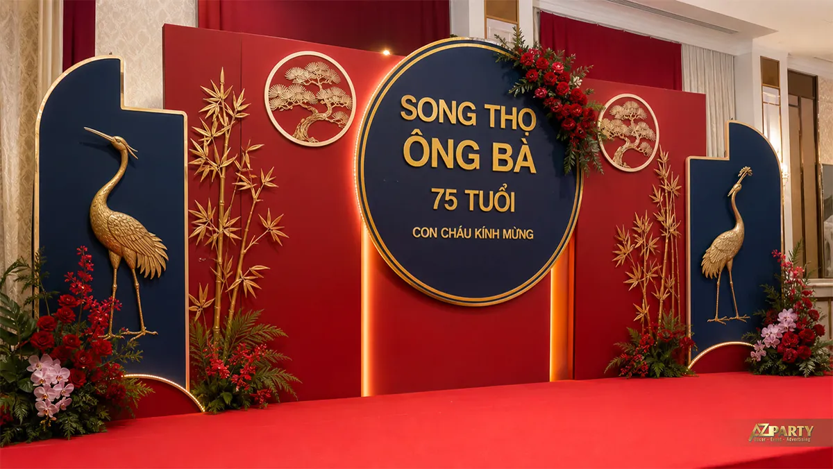 Mẫu song thọ ông bà 75 tuổi màu đỏ xanh với đôi chim hạc