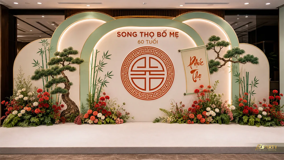 Không gian song thọ bố mẹ 60 tuổi màu trắng xanh với chữ Thọ và cây tùng