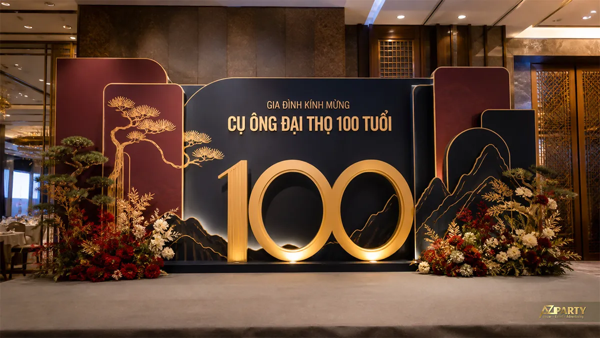 Góc đại thọ cụ ông 100 tuổi màu xanh đen đỏ với số 100 lớn