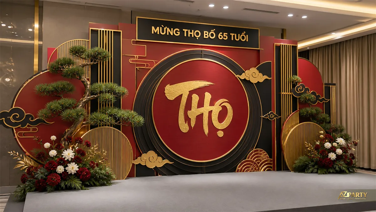 Mẫu mừng thọ bố 65 tuổi màu đỏ đen với chữ Thọ và cây tùng