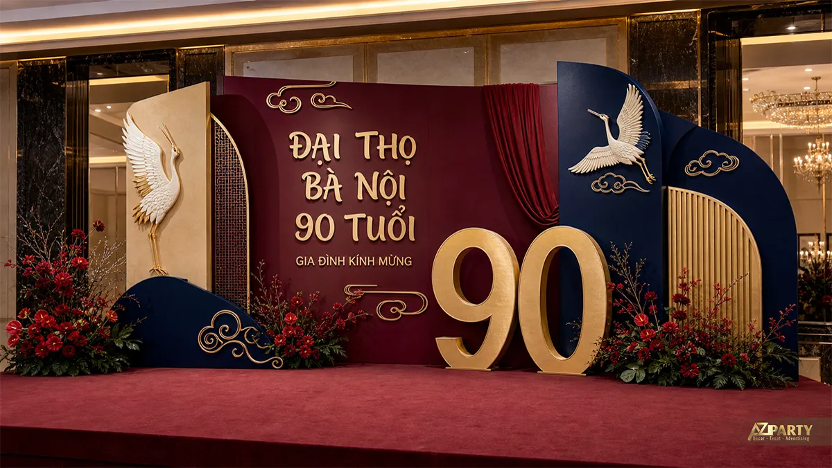 Mẫu đại thọ bà nội 90 tuổi màu đỏ xanh với chim hạc và số 90