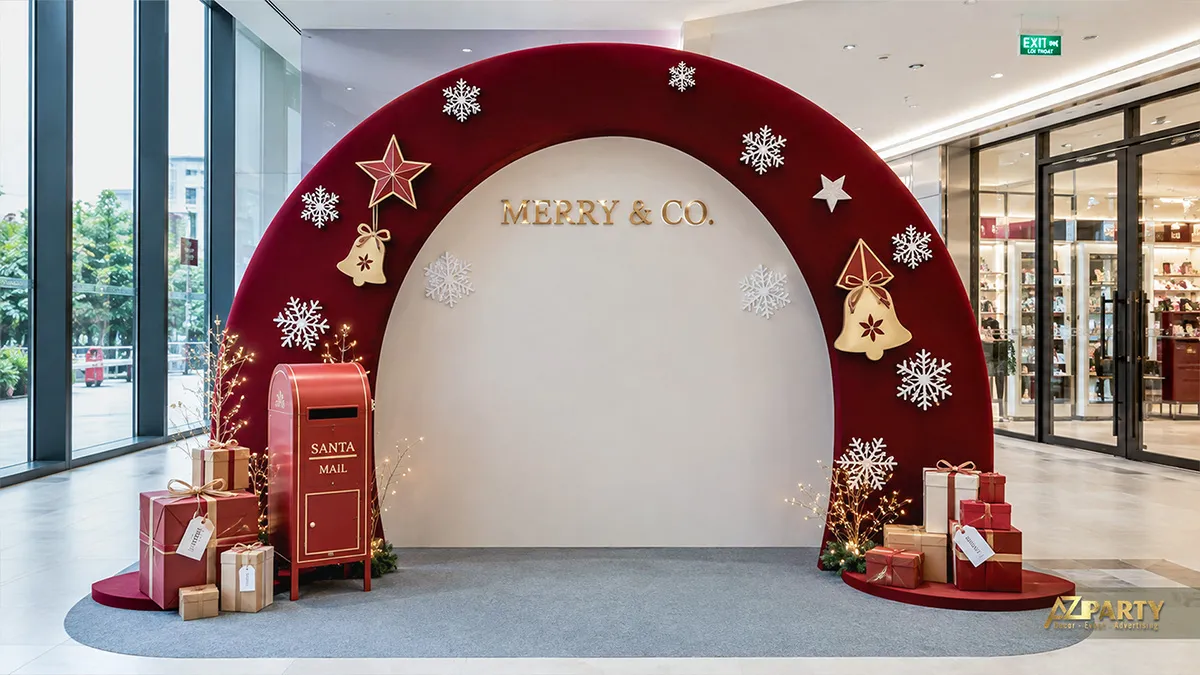 Backdrop Noel dạng vòm đỏ trắng với bông tuyết, hộp quà và hòm thư ông già Noel ở khu check-in