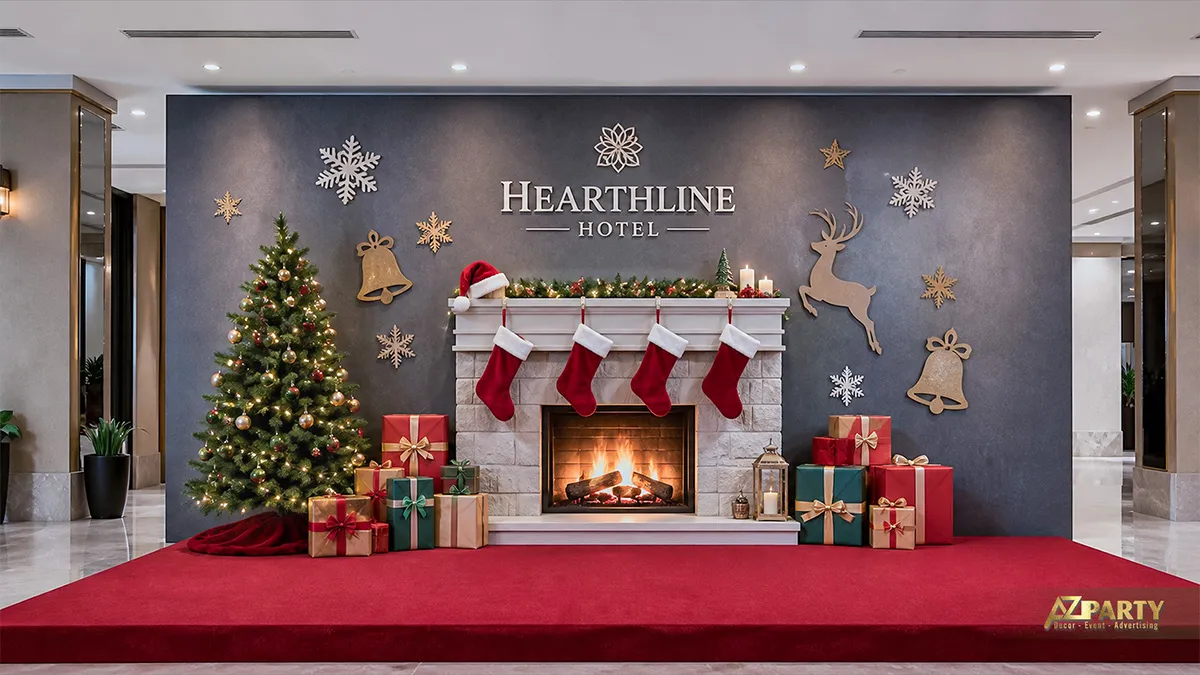 Backdrop Noel mô phỏng lò sưởi với tất treo, vòng lá, cây thông và hộp quà trên thảm đỏ