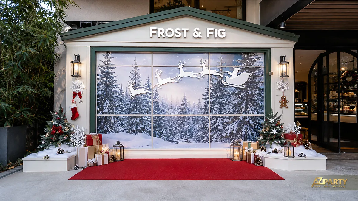 Backdrop Noel trước khung cửa tiệm với rừng tuyết, cây thông, đèn lồng, tất đỏ và lối thảm đỏ
