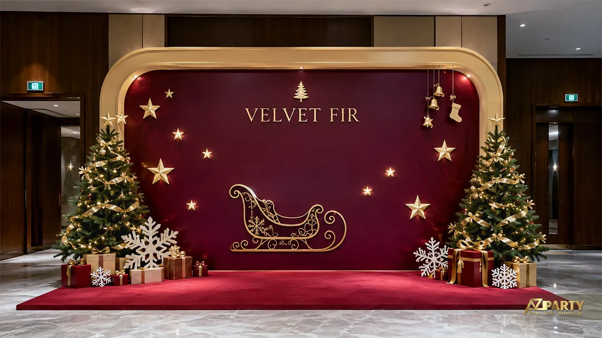 Backdrop Noel màu đỏ rượu dạng khung bo góc với xe trượt tuyết, cây thông và các vì sao phát sáng