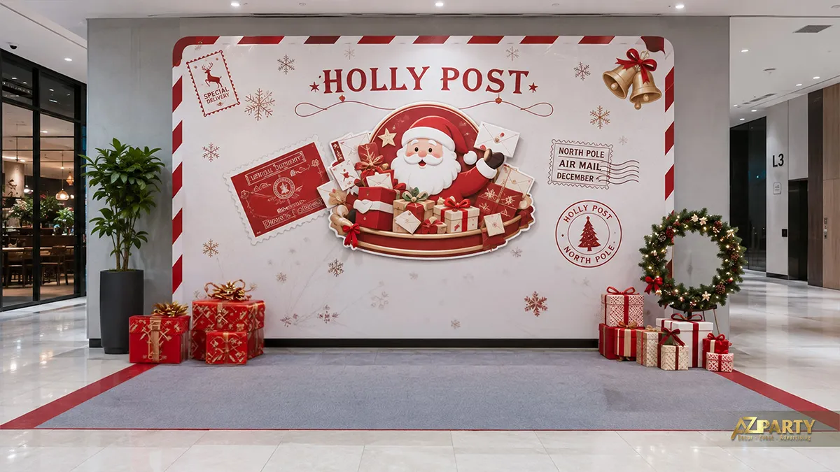 Backdrop Noel chủ đề bưu điện với ông già Noel, thư và hộp quà, vòng lá cùng cây thông bên cạnh
