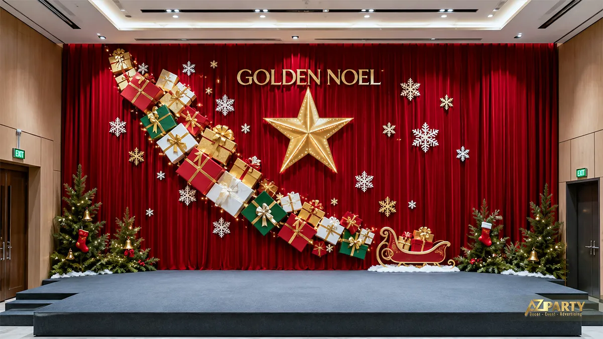 Backdrop Noel sân khấu rèm đỏ với dải hộp quà chạy chéo, ngôi sao vàng và xe trượt tuyết