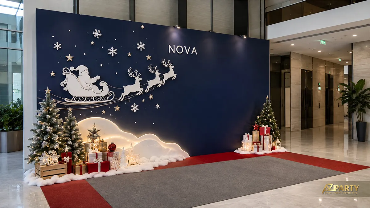 Backdrop Noel xanh navy với xe trượt tuyết, mặt trăng phát sáng, rừng thông và lối đi thảm đỏ
