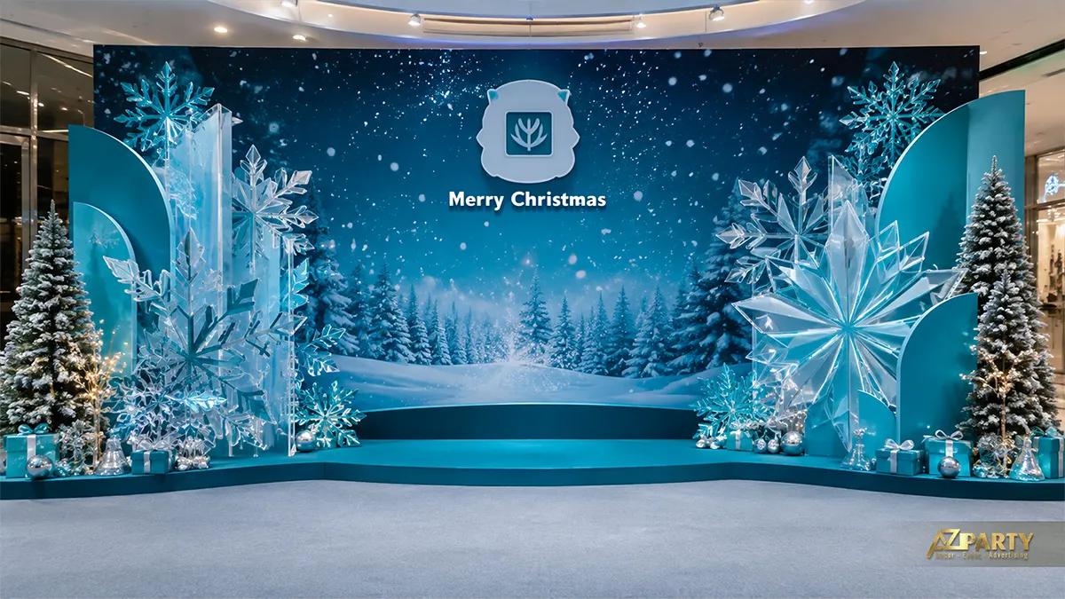 Backdrop Noel xanh băng với rừng tuyết, bông tuyết 3D, chữ Merry Christmas và bục sân khấu