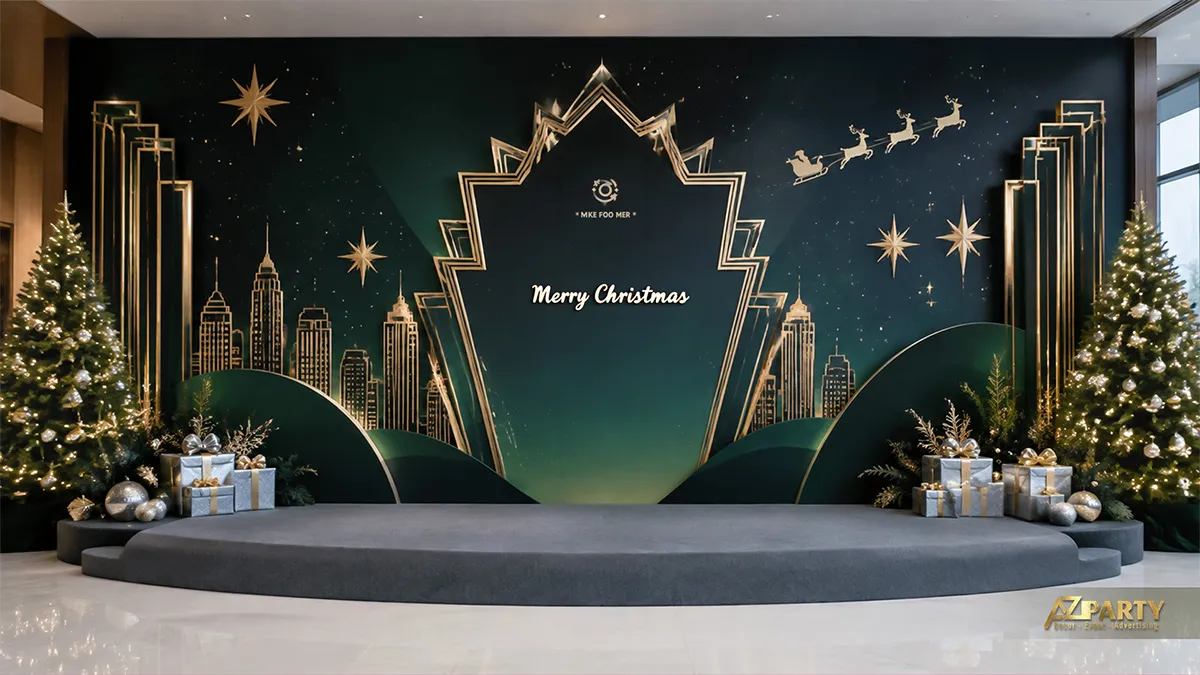 Backdrop Noel xanh đậm phong cách hình học với ngôi sao lớn, đường nét Art Deco và quà bạc