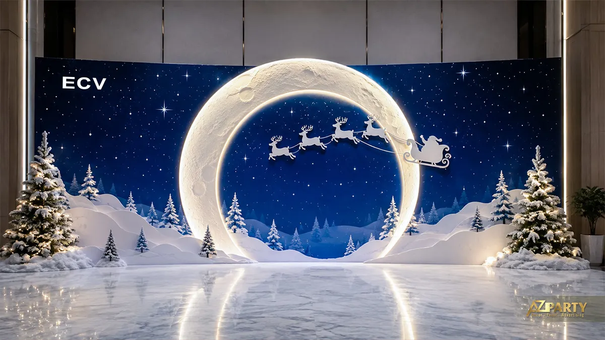 Backdrop Noel xanh navy với vòng tròn mặt trăng phát sáng, rừng thông và bề mặt sàn phản chiếu