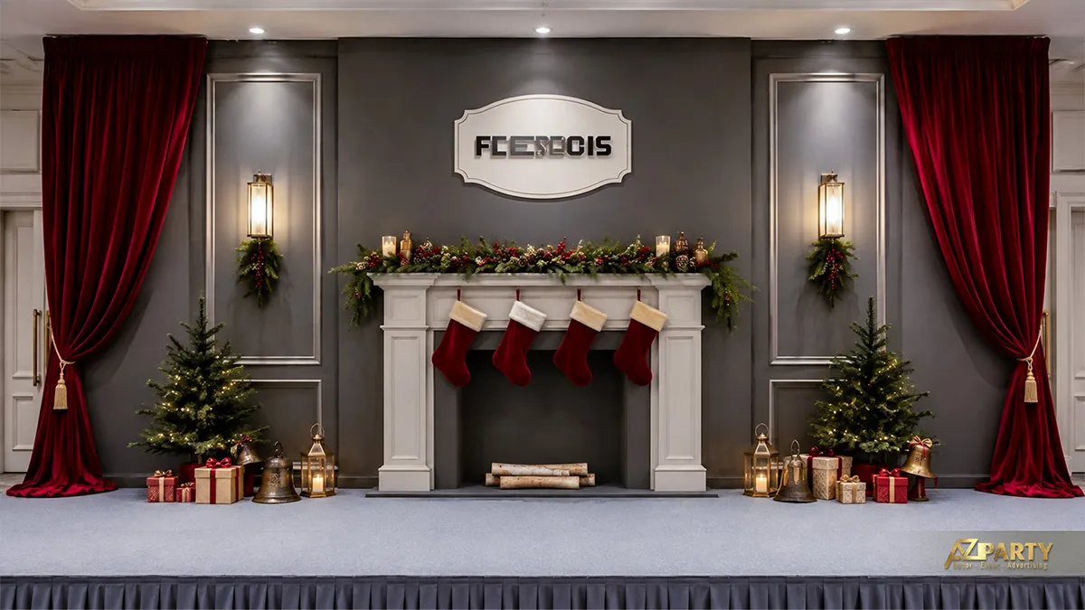Backdrop Noel màu xám than với lò sưởi cổ điển, rèm đỏ, tất Noel và hai cây thông nhỏ
