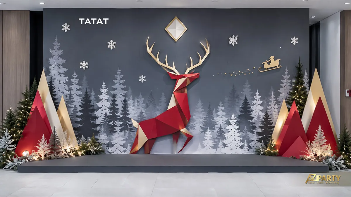 Backdrop Noel nền xám với tuần lộc hình học màu đỏ, bông tuyết bạc và các khối cây cách điệu