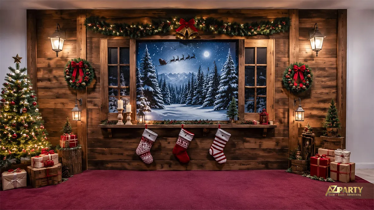 Backdrop Noel phong cách cabin gỗ với màn hình cảnh núi tuyết, vòng lá, tất treo và đèn tường