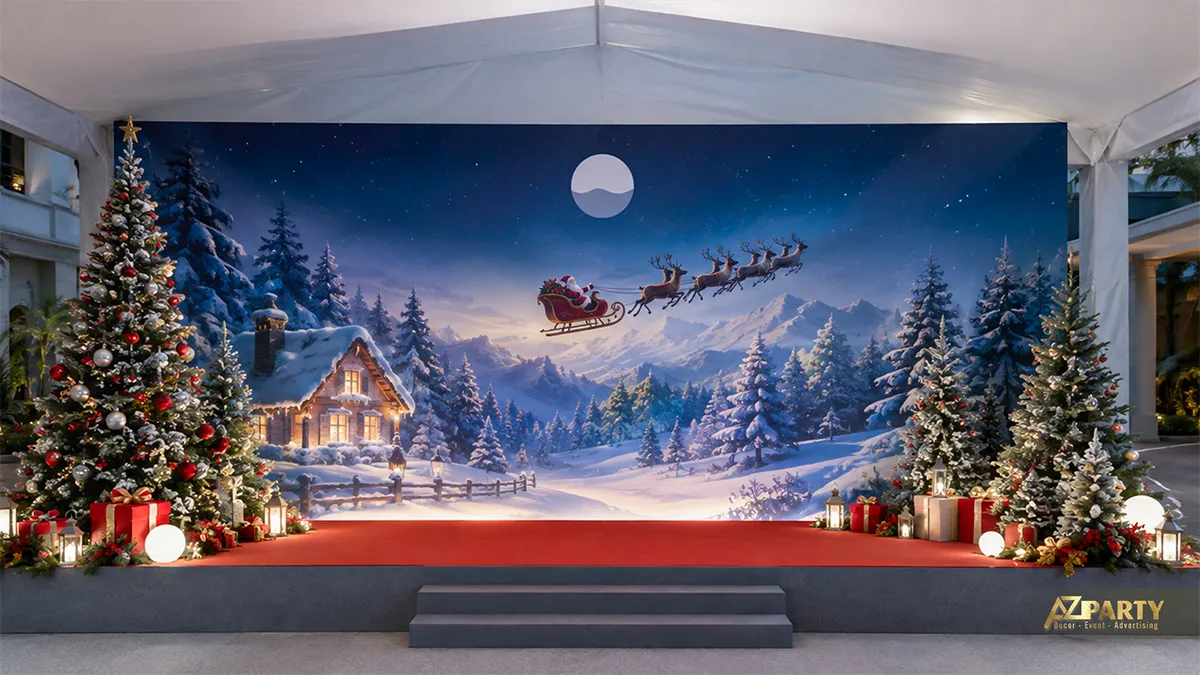 Backdrop Noel sân khấu nền xanh với căn nhà tuyết phát sáng, xe trượt tuyết và bậc lên xuống