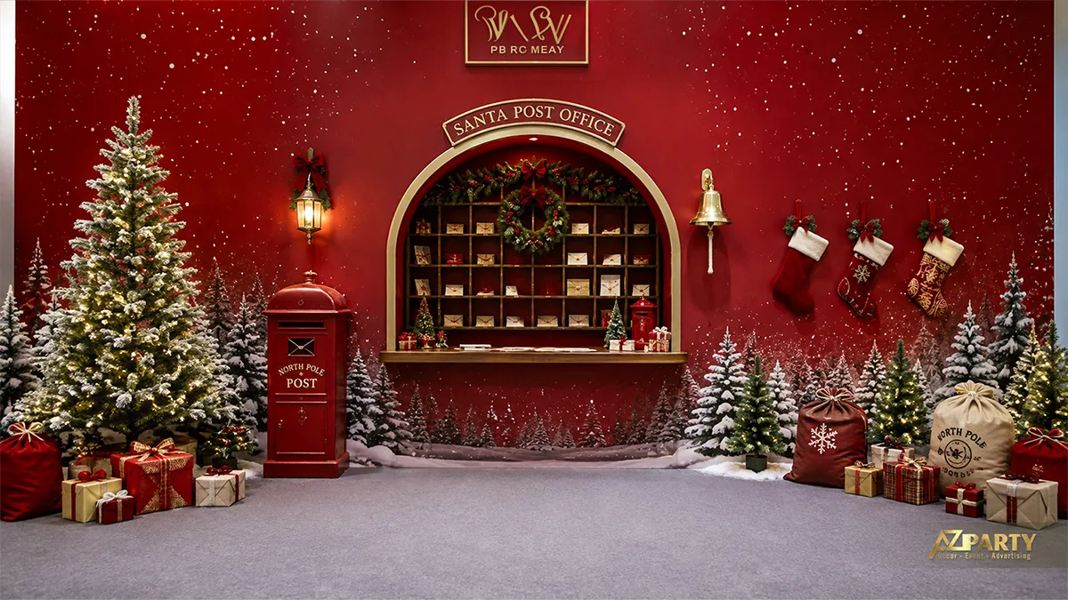 Backdrop Noel màu đỏ với quầy bưu điện ông già Noel, hòm thư, tất treo, cây thông và hộp quà