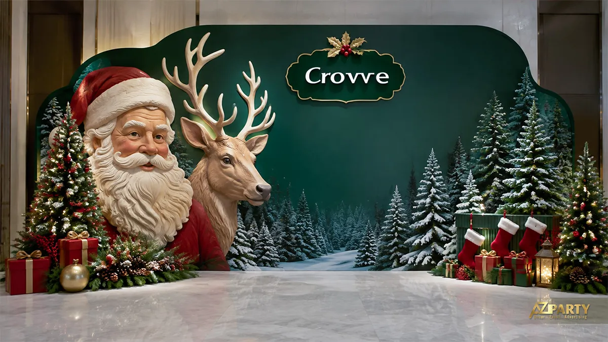 Backdrop Noel xanh rừng với ông già Noel, tuần lộc, rừng thông tuyết và các đôi tất treo hai bên