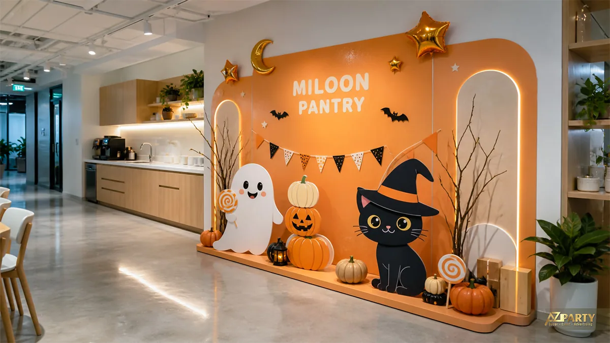 Backdrop pantry Halloween màu cam với ma cầm kẹo, mèo đội nón và bí ngô