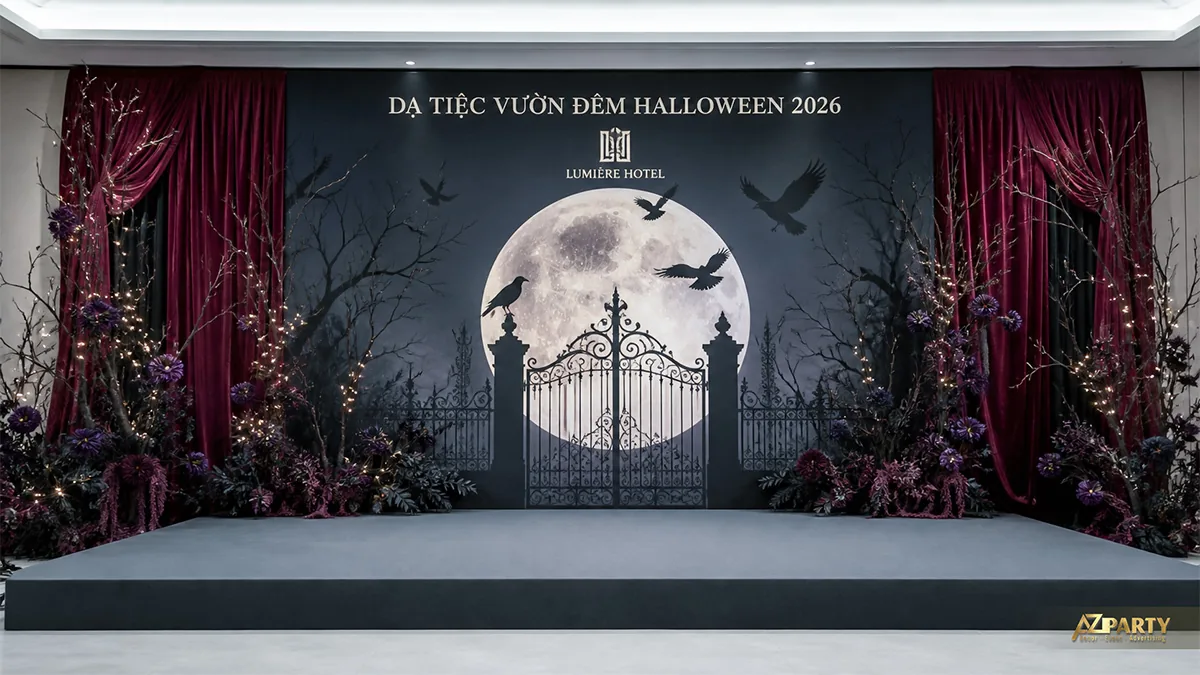 Sân khấu Halloween với cổng sắt trước trăng tròn, quạ đen và rèm nhung đỏ