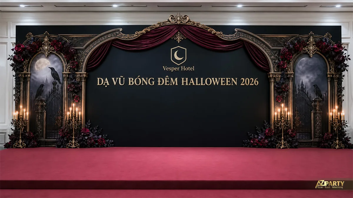Sân khấu dạ vũ Halloween cổ điển với khung vòm chạm trổ, rèm nhung đỏ và chân nến