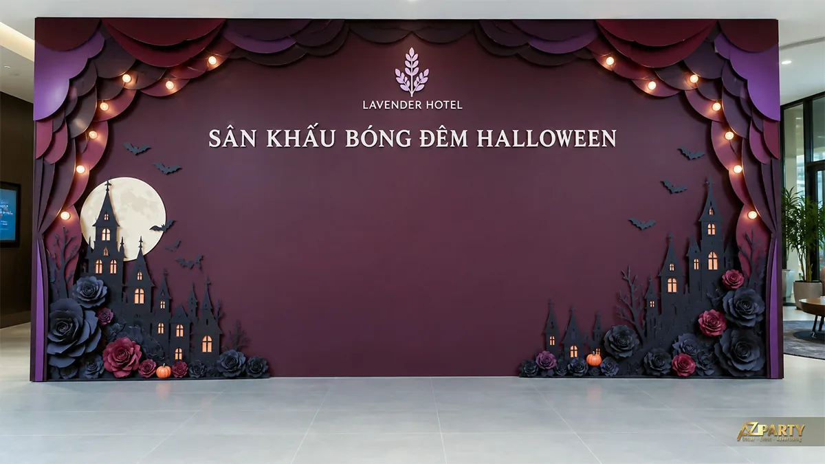 Phông sân khấu Halloween màu tím với lâu đài, trăng sáng và hoa hồng đen