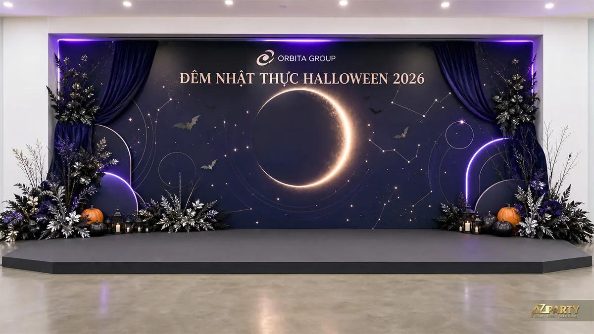 Sân khấu Halloween chủ đề nhật thực với vòng trăng, ánh tím và lá bạc