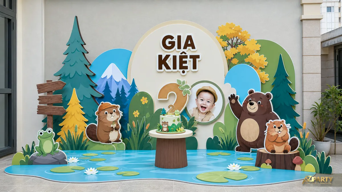 Chủ đề rừng núi với gấu, hồ nước, cây thông và bảng tên Gia Kiệt