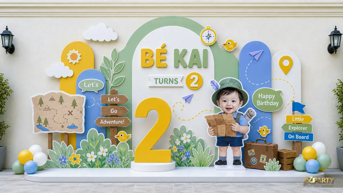 Khu vườn xanh vàng với bản đồ, xe đạp, cờ giấy và bóng pastel