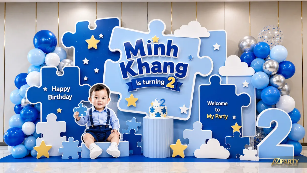 Nền xanh dương với mây, sao, tên Minh Khang và cụm bóng lớn