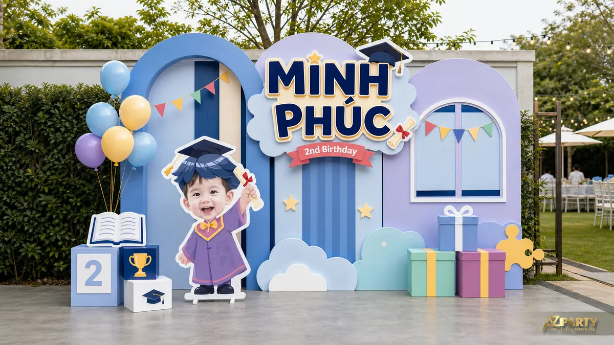 Tone xanh trắng với cửa vòm, quà tặng, bảng tên Minh Phúc và cụm bóng