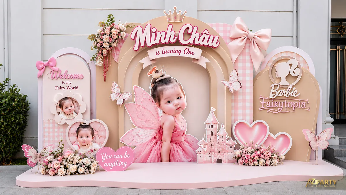 Backdrop Barbie Fairytopia bé Minh Châu với cánh bướm, lâu đài và hoa hồng pastel