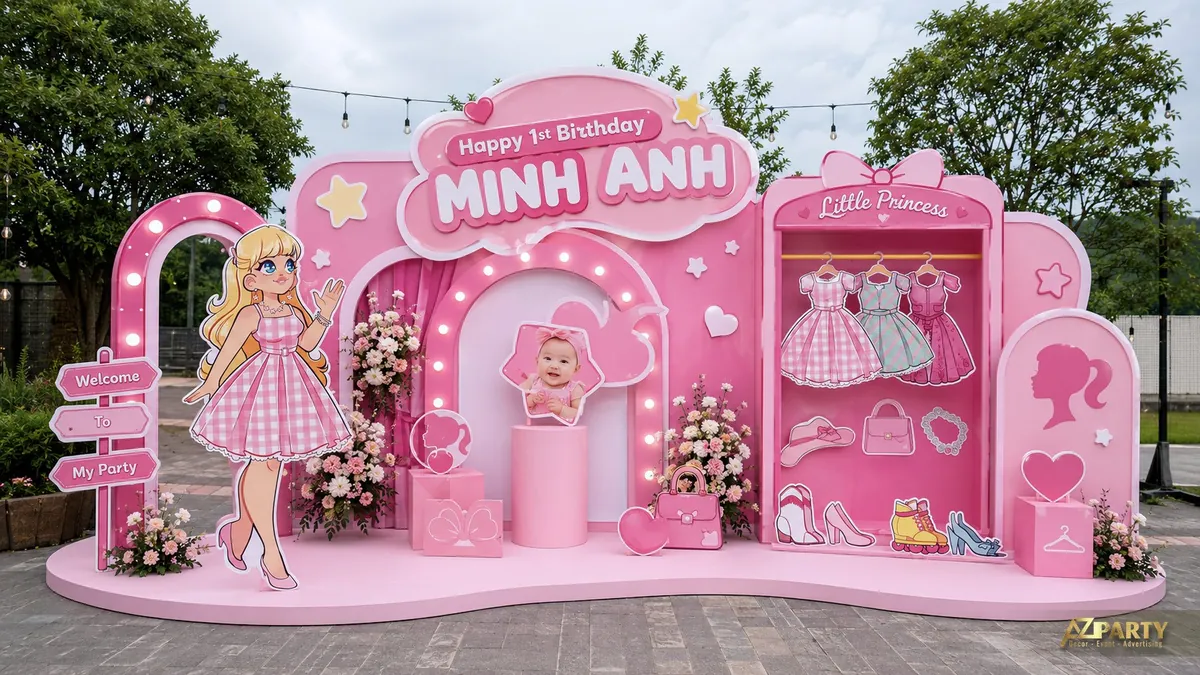 Backdrop sinh nhật Minh Anh chủ đề Barbie với tủ quần áo, giày, túi xách và hoa hồng