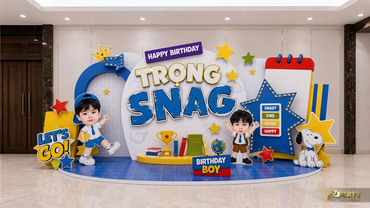 Backdrop sinh nhật bé Trọng chủ đề học đường với bảng lịch, sách, cúp và chú chó