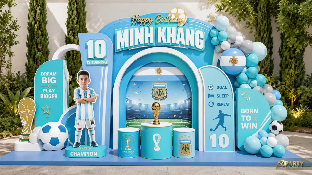 Backdrop sinh nhật bóng đá Argentina xanh ngọc với cúp, trụ tròn và cụm bóng pastel