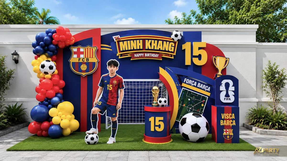 Backdrop sinh nhật bóng đá Barcelona đỏ vàng với áo đấu, cúp và cụm bóng lớn
