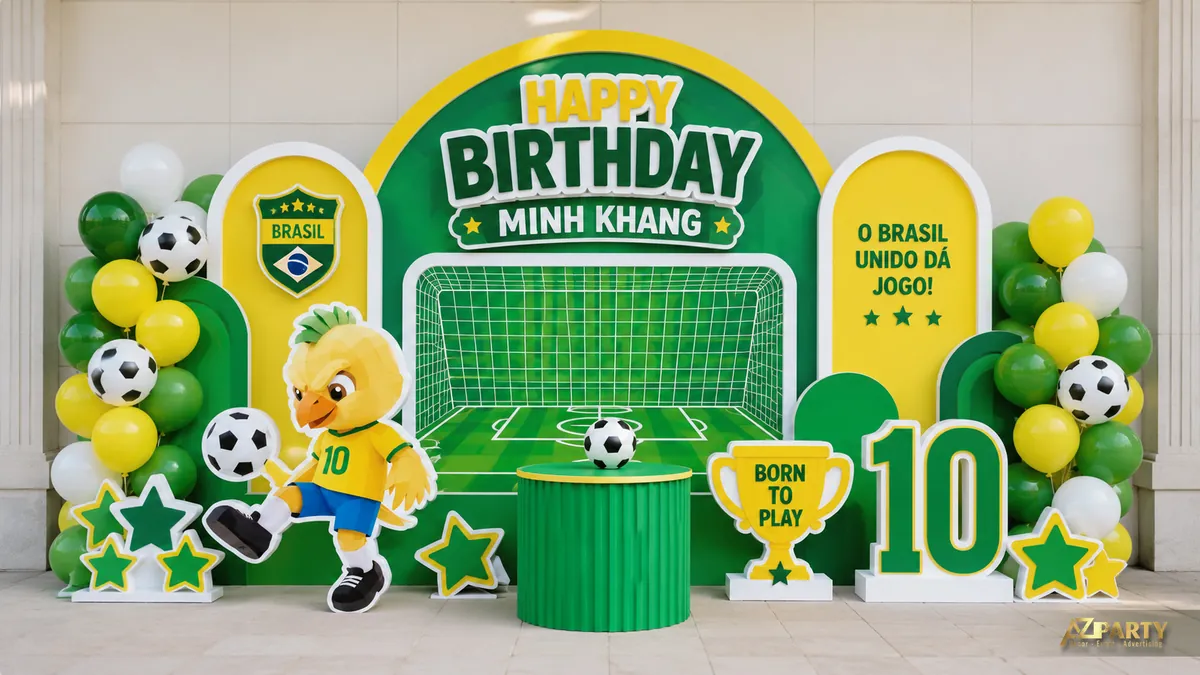 Backdrop bóng đá Brazil sân cỏ xanh với khung thành, linh vật và cụm bóng vàng xanh