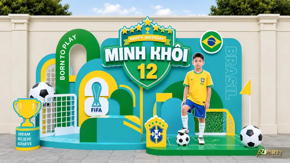 Backdrop sinh nhật bóng đá Brazil xanh vàng với khung thành và mô hình cầu thủ