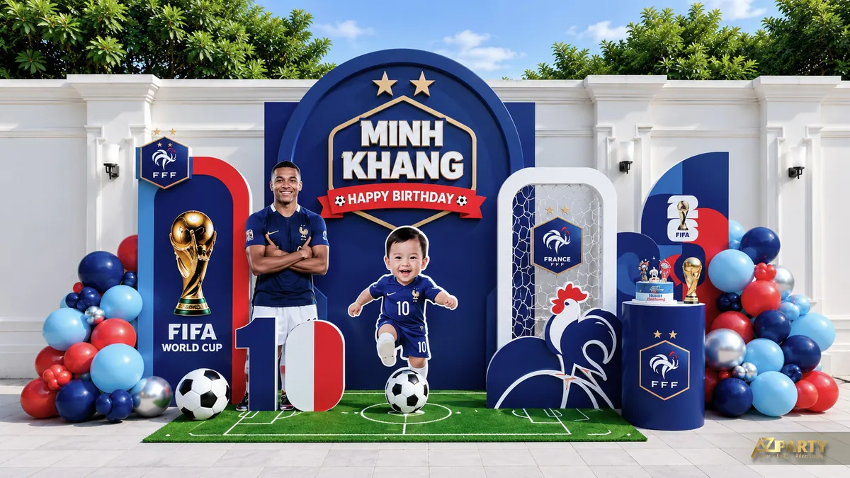 Backdrop sinh nhật bóng đá FIFA World Cup với cúp vàng, sân cỏ và bóng xanh đỏ