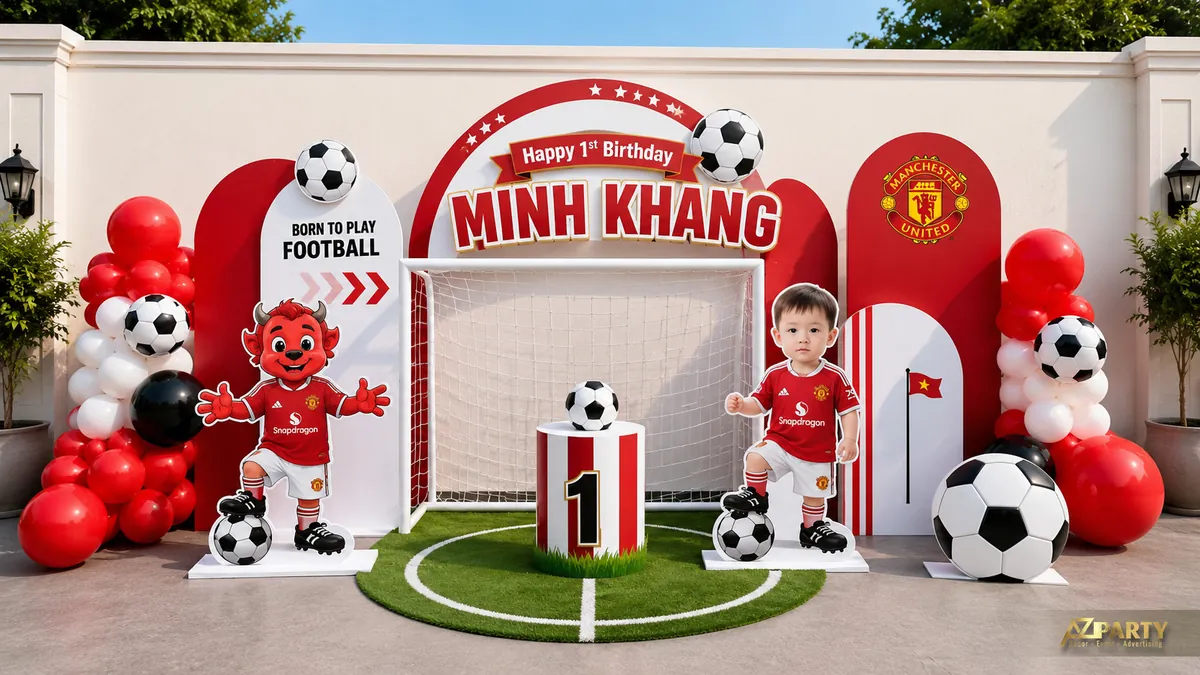 Backdrop sinh nhật bóng đá Manchester United đỏ trắng với sân cỏ mini và khung thành