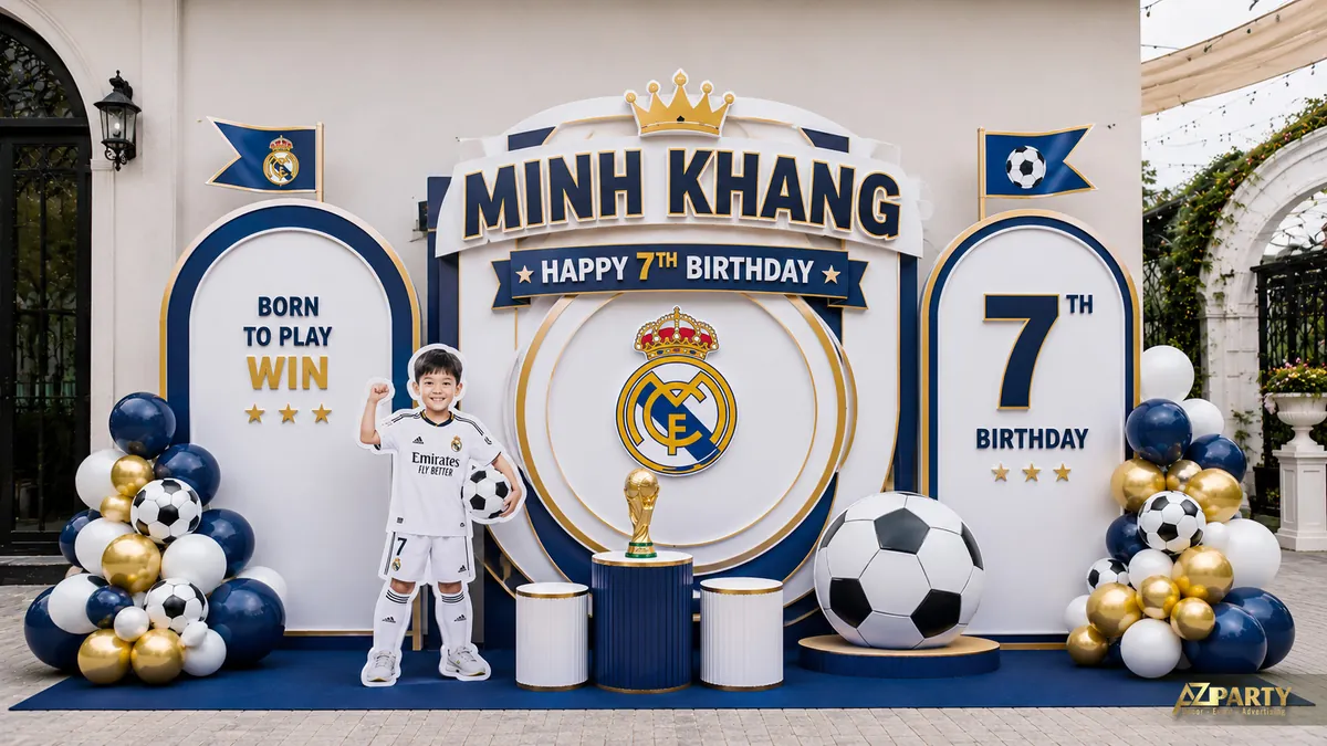 Backdrop sinh nhật bóng đá tông xanh navy lấy cảm hứng Real Madrid với cúp và bóng vàng