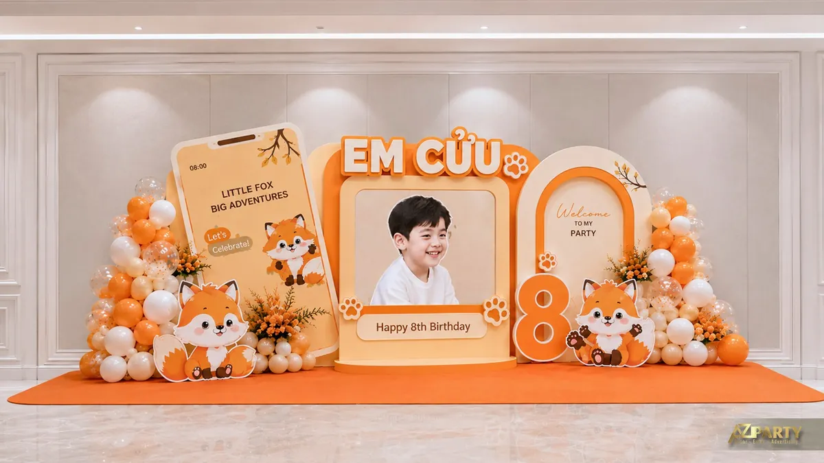 Backdrop sinh nhật Em Cừu 8 tuổi màu cam với chú cáo, khung điện thoại và ảnh bé
