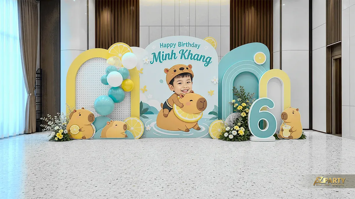 Phông nền Capybara xanh mint với nhân vật và cụm bóng thấp