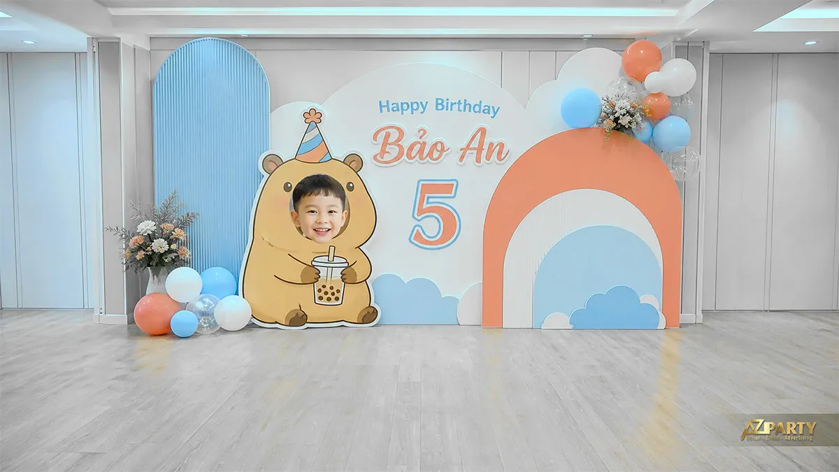 Không gian Capybara pastel xanh cam với cầu vồng và mây