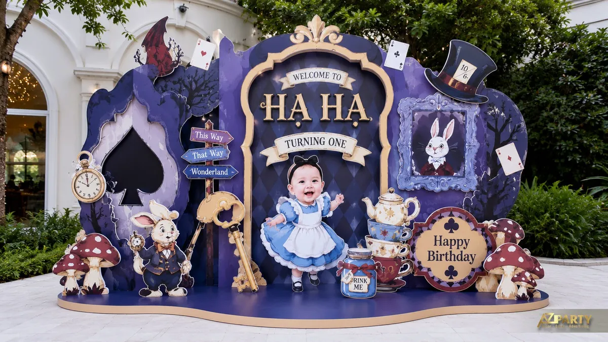 Backdrop thôi nôi Hà Hà chủ đề Alice xứ sở thần tiên với thỏ trắng, đồng hồ và bộ ấm trà