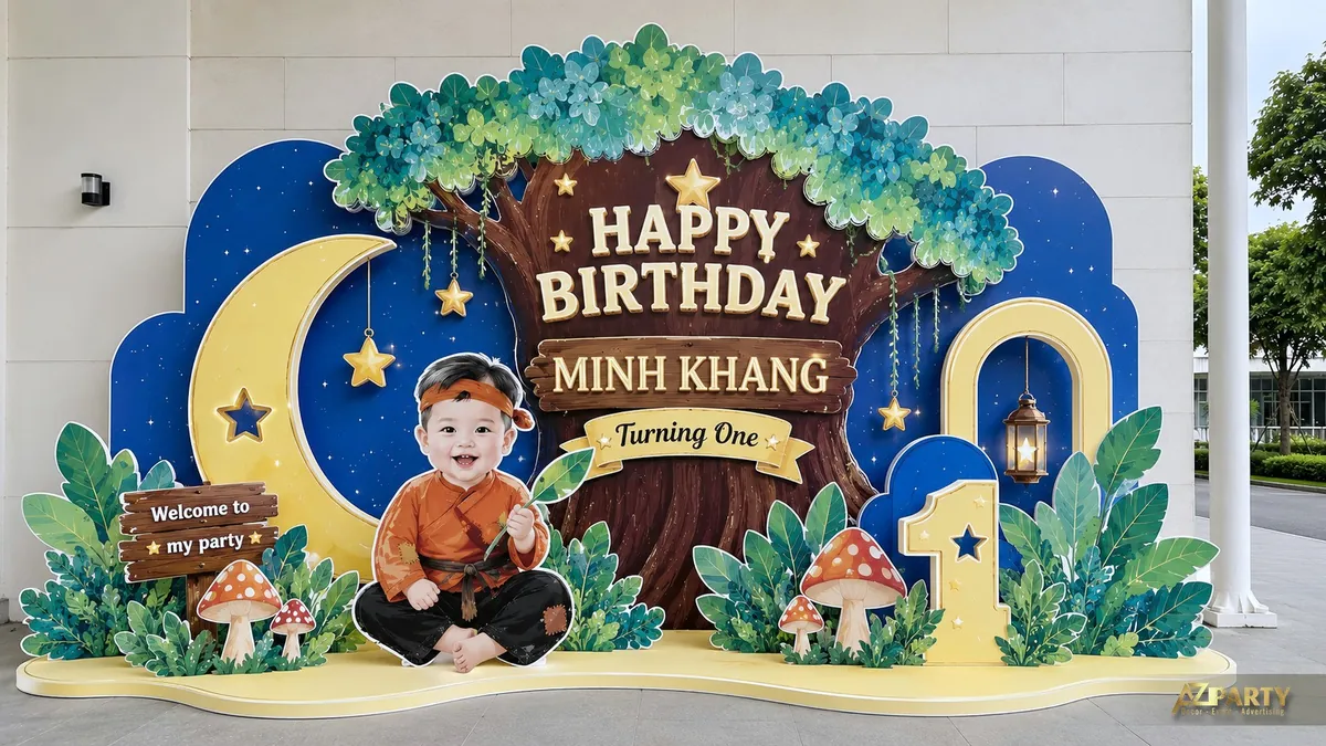 Backdrop thôi nôi Minh Khang trong khu rừng đêm với cây cổ thụ, trăng lưỡi liềm và nấm